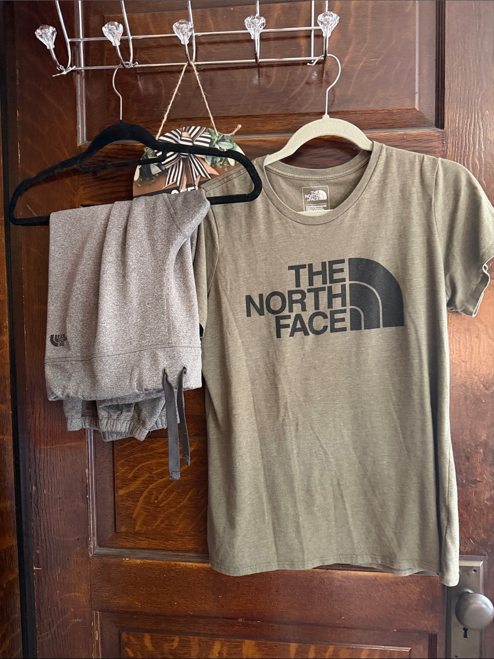 The North Face Olive Green Logo T-Shirt with Black Print and North Face Capri XL